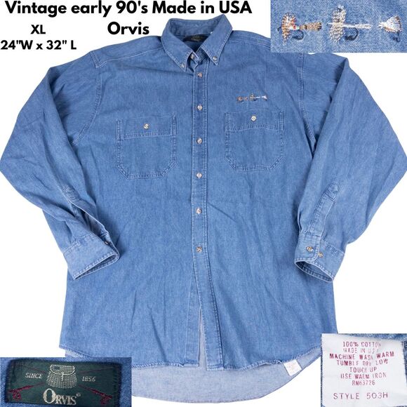 Vintage 90s Orvis Denim Shirt L Made USA Fly Fishing Embroidered Cotton Blue - Picture 1 of 9
